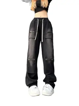 Harajuku Streetwear Retro Modes Rudenī Sievietes Augsta Vidukļa Džinsus Zaudēt Plaša Kāju Taisni Zaudēt Džinsa Bikses Y2K Baggy Bikses